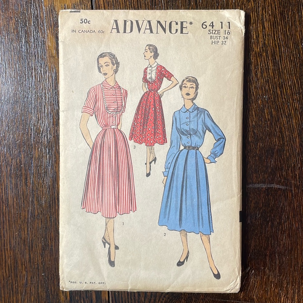 Advance 6411 size 16, bust 34, hip 37, 1940's/50's dress pattern